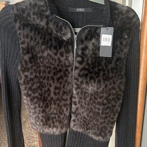 Vintage NWT Guess Black Cardigan with Leopard Faux Fur